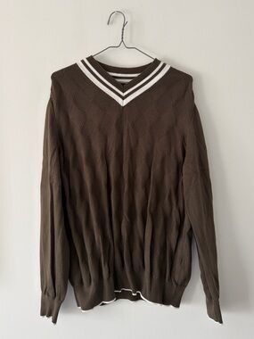 Black Brown 1826 Brown V-Neck Sweater with White Stripe Trim
